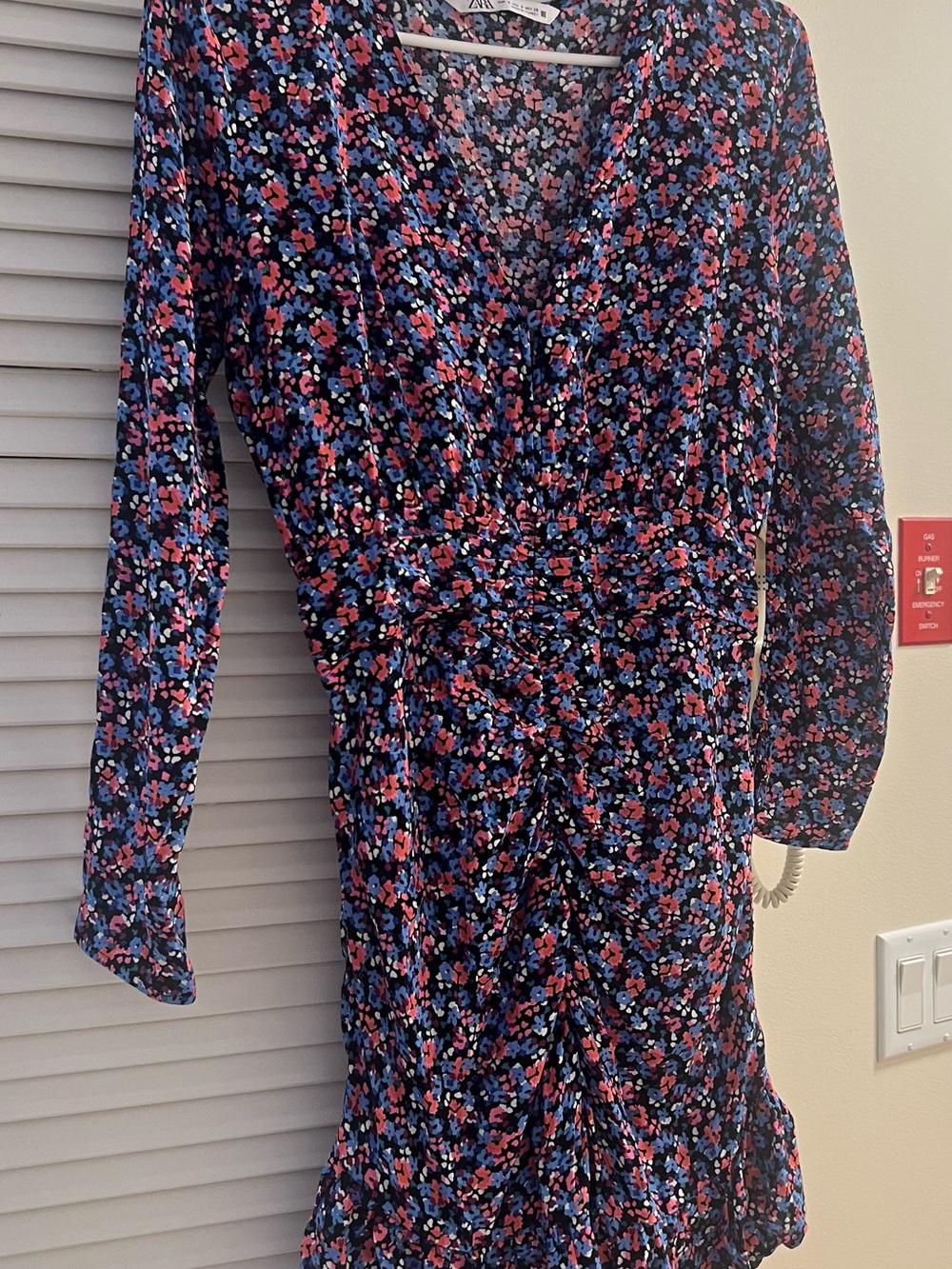 Zara Navy Floral V-Neck Long Sleeve Dress with Pink and Blue Accents